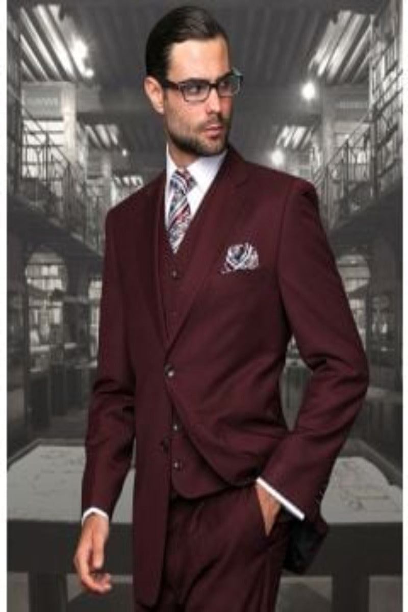 Statement Men's Wool 3-Piece Suit - Solid Colors (100%) - 38 Short Jacket+32 Waist Adjustable 28to34)(Height: 5 4 to5 7 )(Neck  15-16.5)S-M)