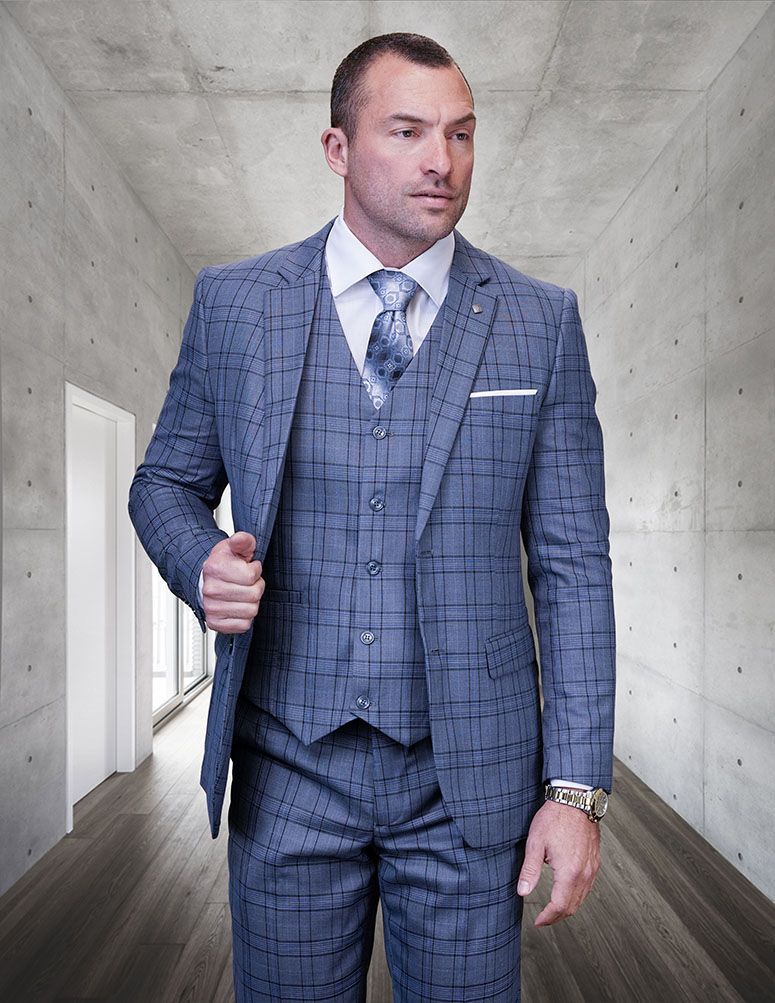 Plaid Big and Tall Mens 3 Piece Suit Windowpane Texture Business Pattern Modern Fit Side Vented Fashion for Men - 38 Short Jacket+32 Waist Adjustable 28to34)(Height: 5 4 to5 7 )(Neck  15-16.5)S-M)