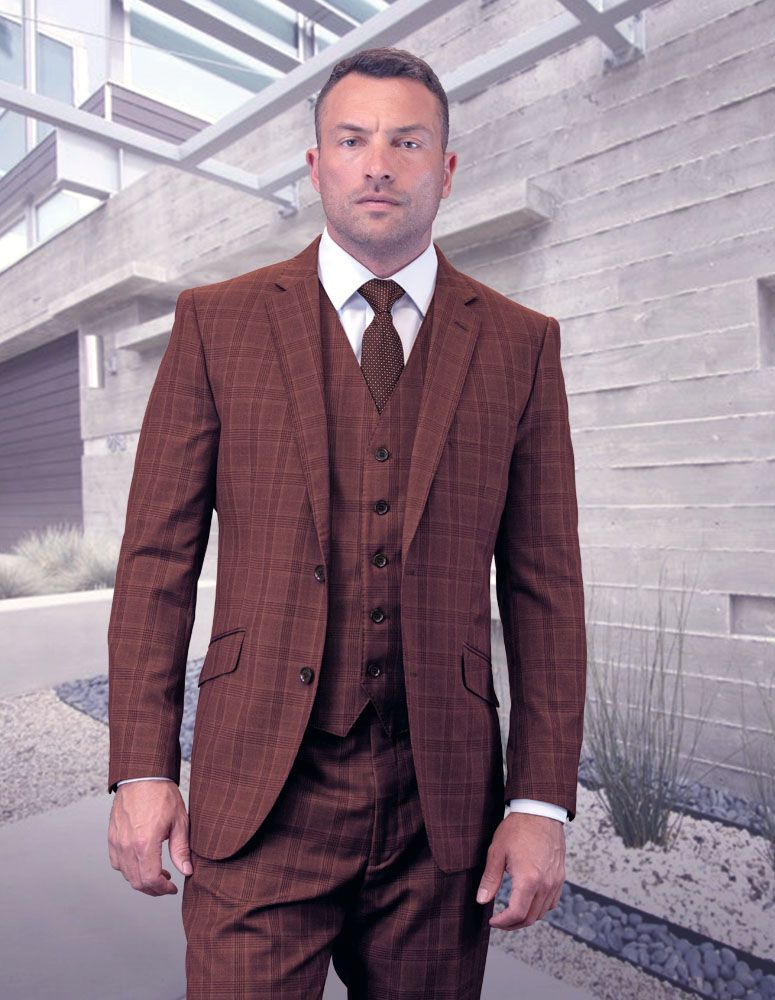 Sleek Plaid Statement Men's 100% Wool 3 Piece Suit Perfect for Formal Occasions - 38 Short Jacket+32 Waist Adjustable 28to34)(Height: 5 4 to5 7 )(Neck 15-16.5)S-M)