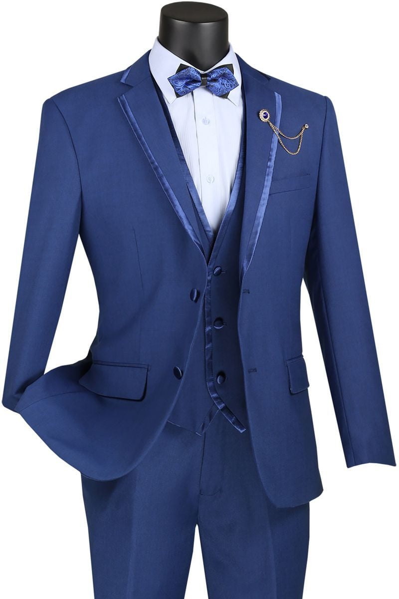 Vinci Men's Wool Feel Slim Fit 3 Piece Suit with Lapel Accent - 38 Short Jacket+32 Waist Adjustable 28to34)(Height: 5 4 to5 7 )(Neck  15-16.5)S-M)