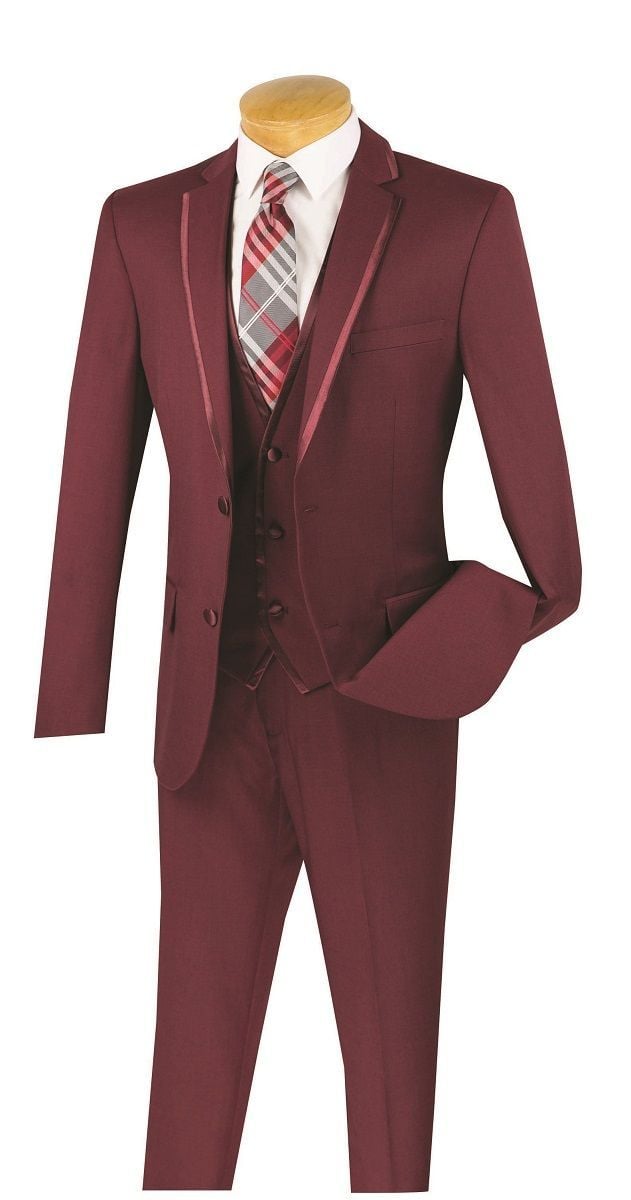 Vinci Men's Wool Feel Slim Fit 3-Piece Suit with Lapel Accent