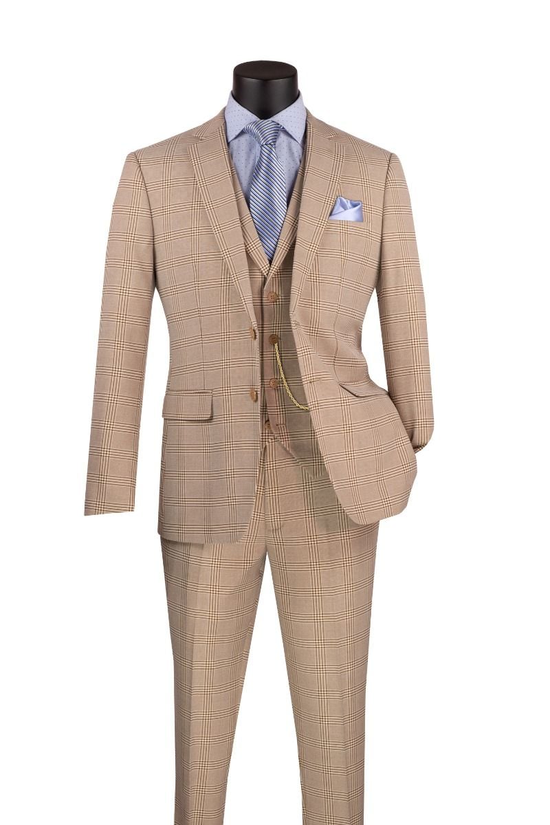 Vinci Men's 3-Piece Slim Fit Glen Plaid Suit