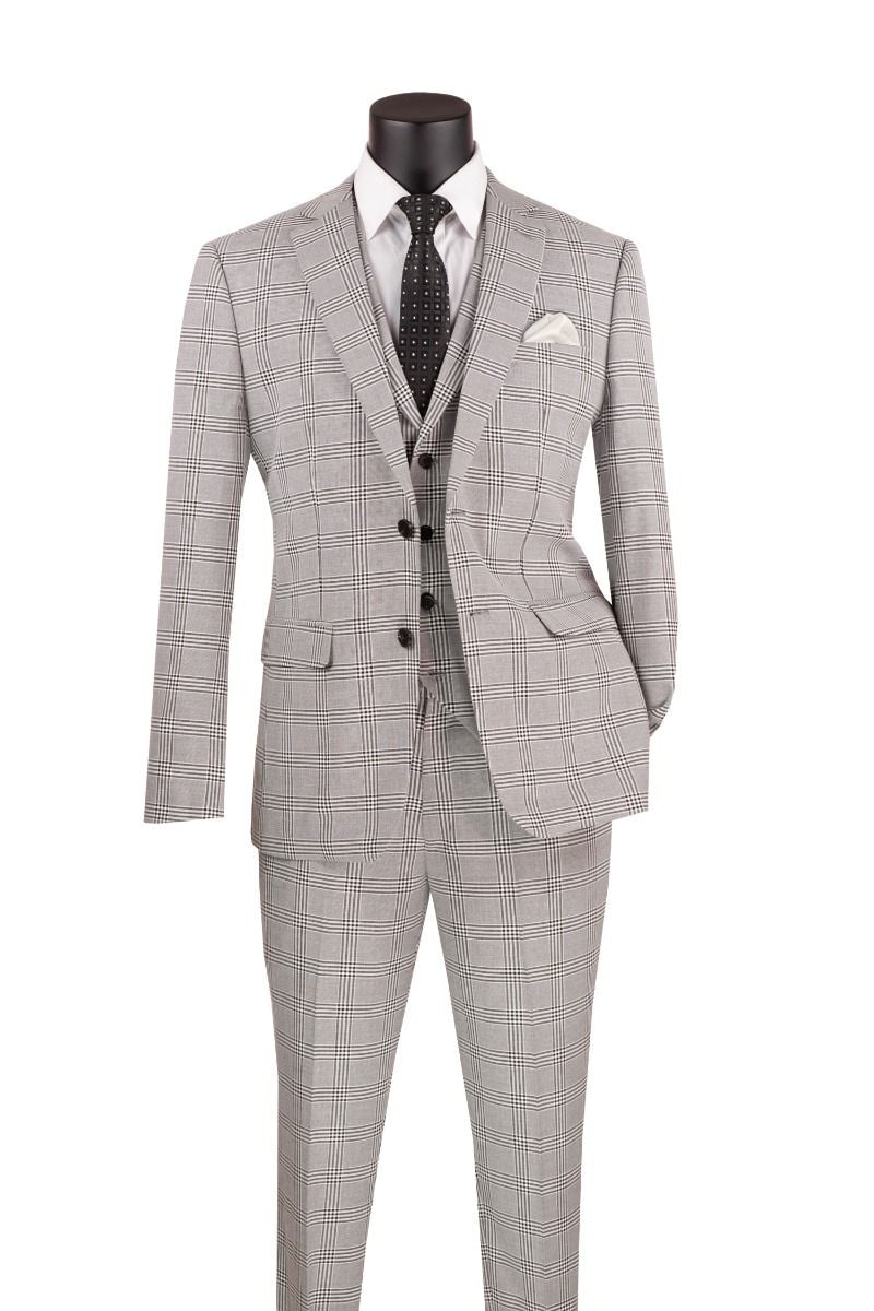 Vinci Men's 3-Piece Slim Fit Glen Plaid Suit - 38 Short Jacket+32 Waist Adjustable 28to34)(Height: 5 4 to5 7 )(Neck 15-16.5)S-M)