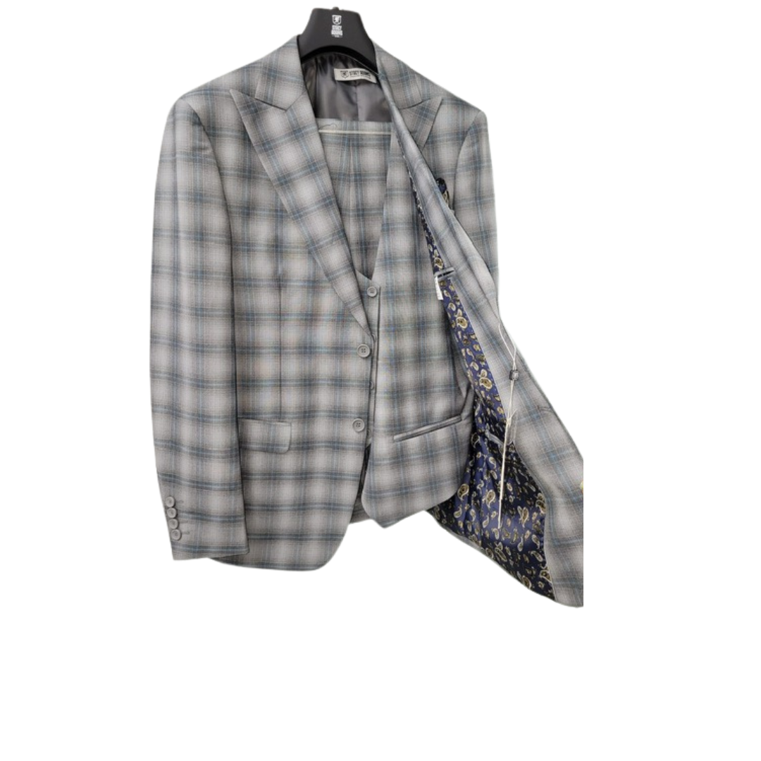 Stacy Adams Men's 3 Piece Executive Slim-Fit Suit with Windowpane Pattern - 38 Short Jacket+32 Waist Adjustable 28to34)(Height: 5 4 to5 7 )(Neck 15-16.5)S-M)