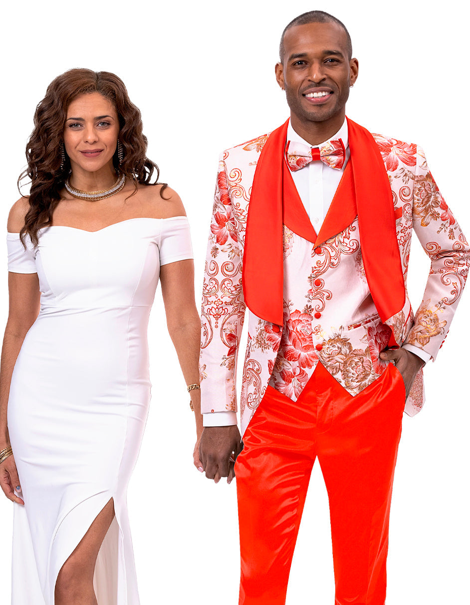 Mens Vested Paisley Prom & Wedding Tuxedo in Peach & Orange - X-Small (34)