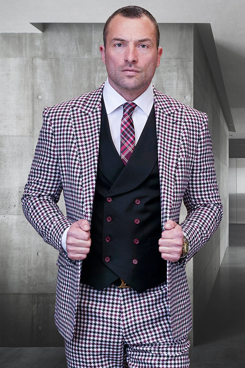Men's Designer Wool Modern Fit Wide Peak Lapel Vested Suit in Burgundy Houndstooth Micro Plaid - 36 Short