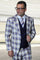 Men's Designer One Button Peak Lapel Italian Wool Suit with Double Breasted Vest in Sapphire Blue Plaid