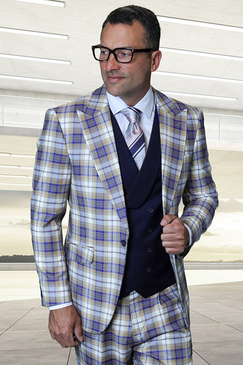 Men's Designer One Button Peak Lapel Italian Wool Suit with Double Breasted Vest in Sapphire Blue Plaid - 36 Short