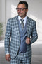 Men's Designer One Button Peak Lapel Italian Wool Suit with Double Breasted Vest in Charcoal Plaid