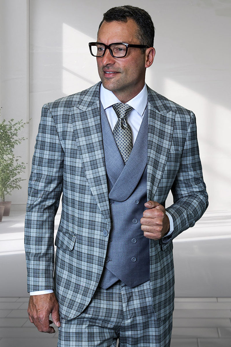 Men's Designer One Button Peak Lapel Italian Wool Suit with Double Breasted Vest in Charcoal Plaid - 36 Short