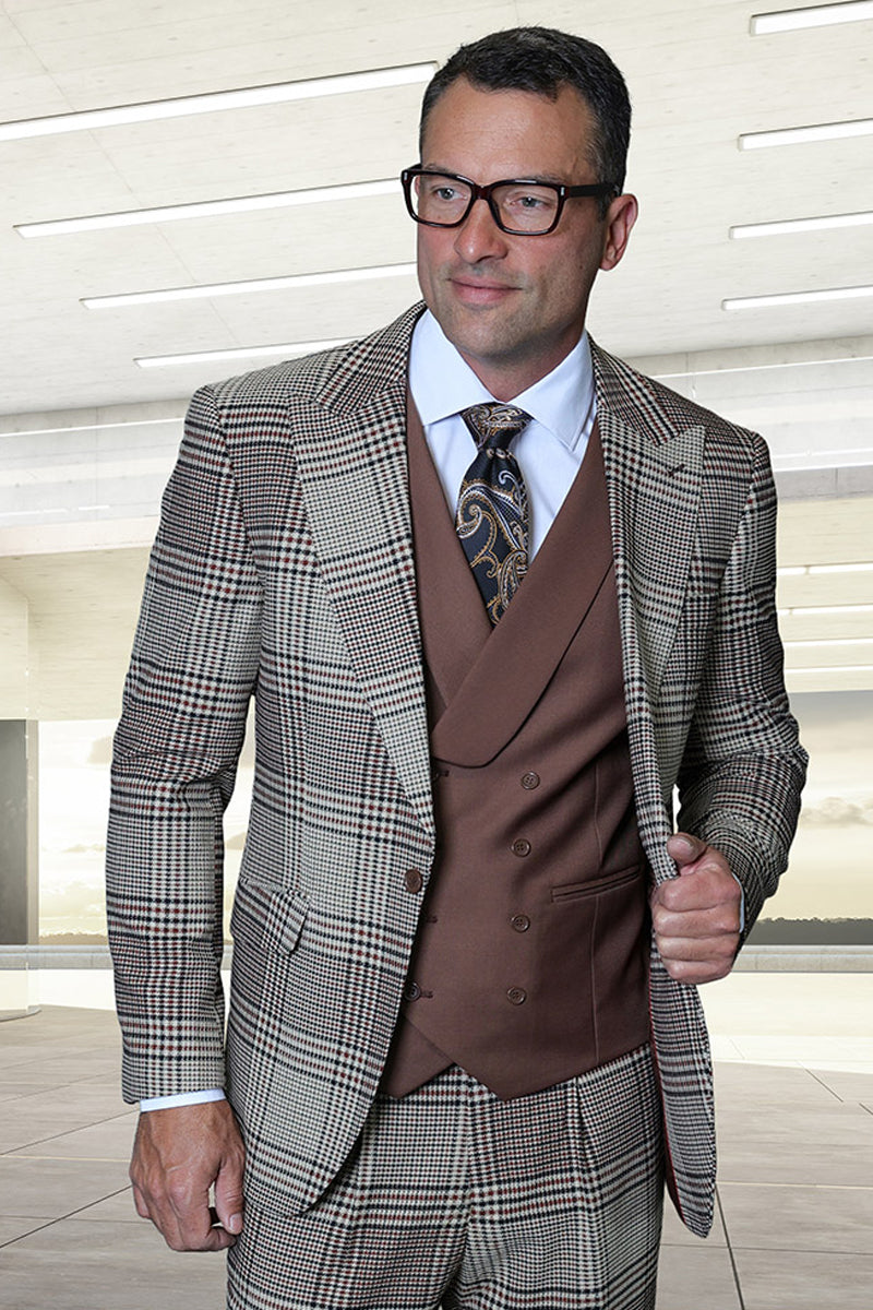 Men's Designer One Button Peak Lapel Italian Wool Suit with Double Breasted Vest in Brown Houndstooth Plaid - 36 Short