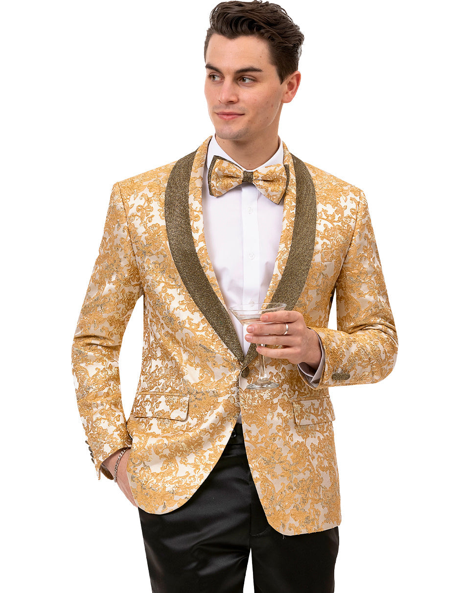 Mens Paisley Jeweled Shawl  Prom Tuxedo Blazer in Gold - X-Small (34)