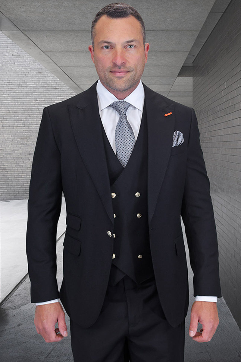 Men's Designer Wool Vested One Button Peak Lapel Suit in Black with Gold Buttons - 36 Short