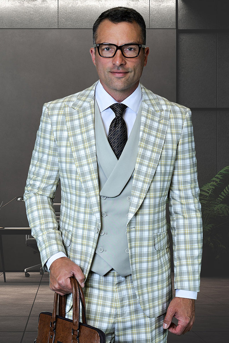 Men's Designer One Button Peak Lapel Italian Wool Suit with Double Breasted Vest in Tan Plaid