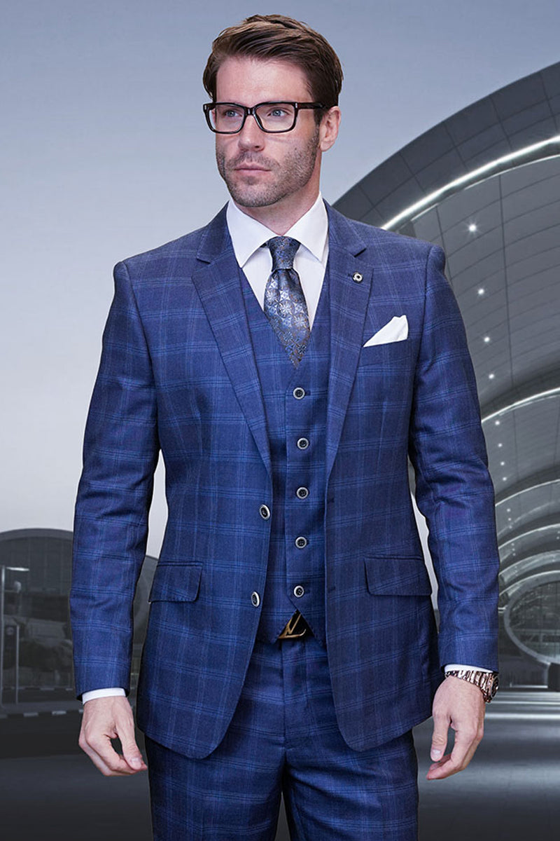 Men's Designer Wool Two Button Vested Modern Fit Plaid Suit in Indio Blue - 36 Short