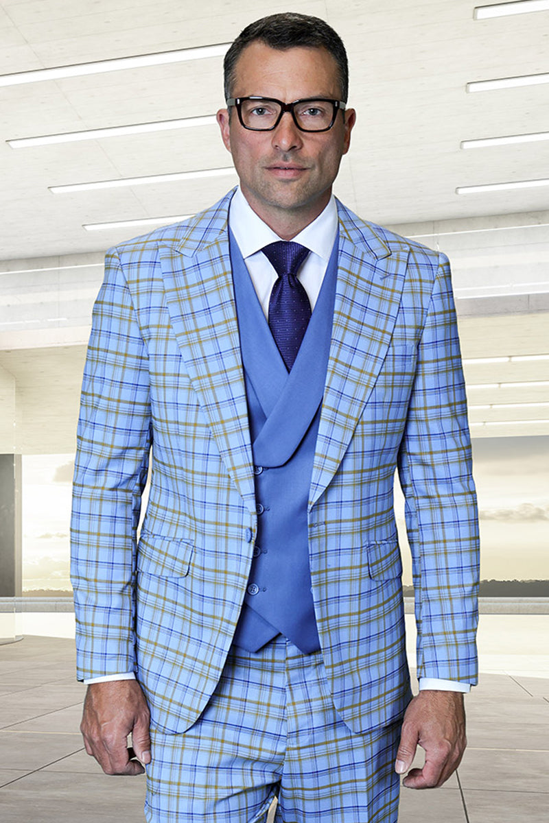Men's Designer One Button Peak Lapel Italian Wool Suit with Double Breasted Vest in Steel Blue Plaid - 36 Short