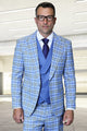 Men's Designer One Button Peak Lapel Italian Wool Suit with Double Breasted Vest in Steel Blue Plaid
