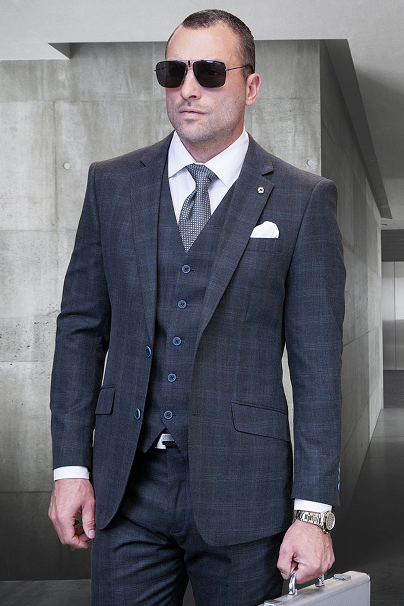 Men's Designer Wool Two Button Vested Modern Fit Plaid Suit in Charcoal Grey - 36 Short