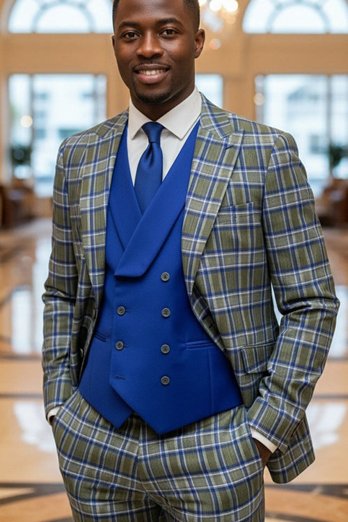 Men's Designer One Button Peak Lapel Italian Wool Suit with Double Breasted Vest in Royal Blue Plaid
