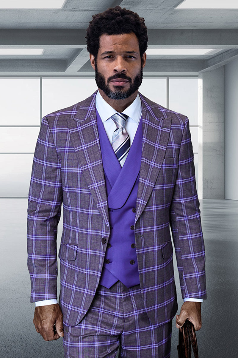 Men's Designer One Button Peak Lapel Italian Wool Suit with Double Breasted Vest in Purple Plaid - 36 Short