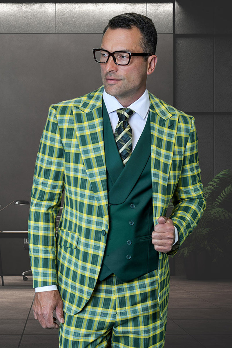 Men's Designer One Button Peak Lapel Italian Wool Suit with Double Breasted Vest in Hunter Green Plaid - 36 Short
