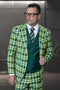 Men's Designer One Button Peak Lapel Italian Wool Suit with Double Breasted Vest in Hunter Green Plaid
