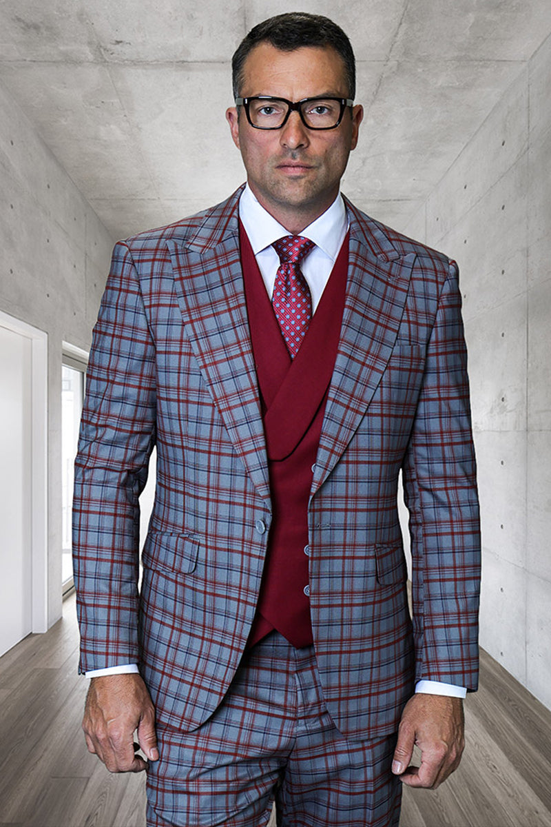 Men's Designer One Button Peak Lapel Italian Wool Suit with Double Breasted Vest in Grey Plaid - 36 Short