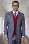 Men's Designer One Button Peak Lapel Italian Wool Suit with Double Breasted Vest in Grey Plaid
