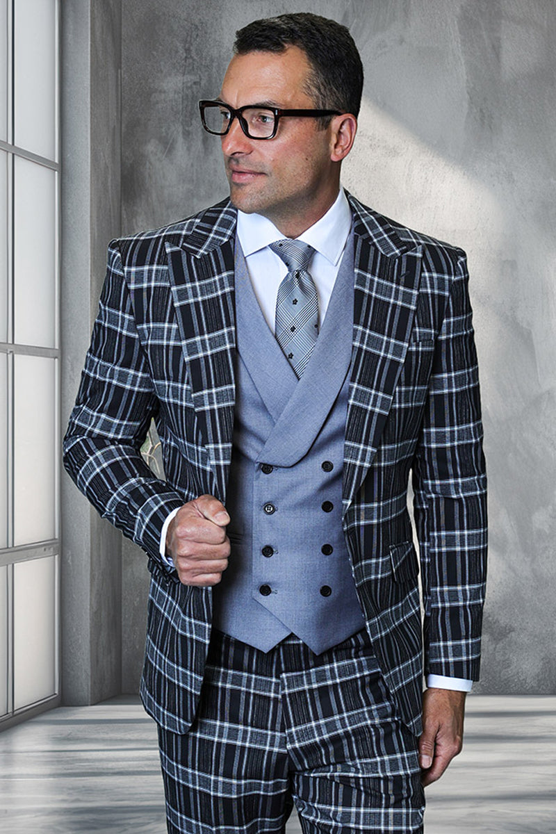 Men's Designer One Button Peak Lapel Italian Wool Suit with Double Breasted Vest in Black Windowpane Plaid - 36 Short