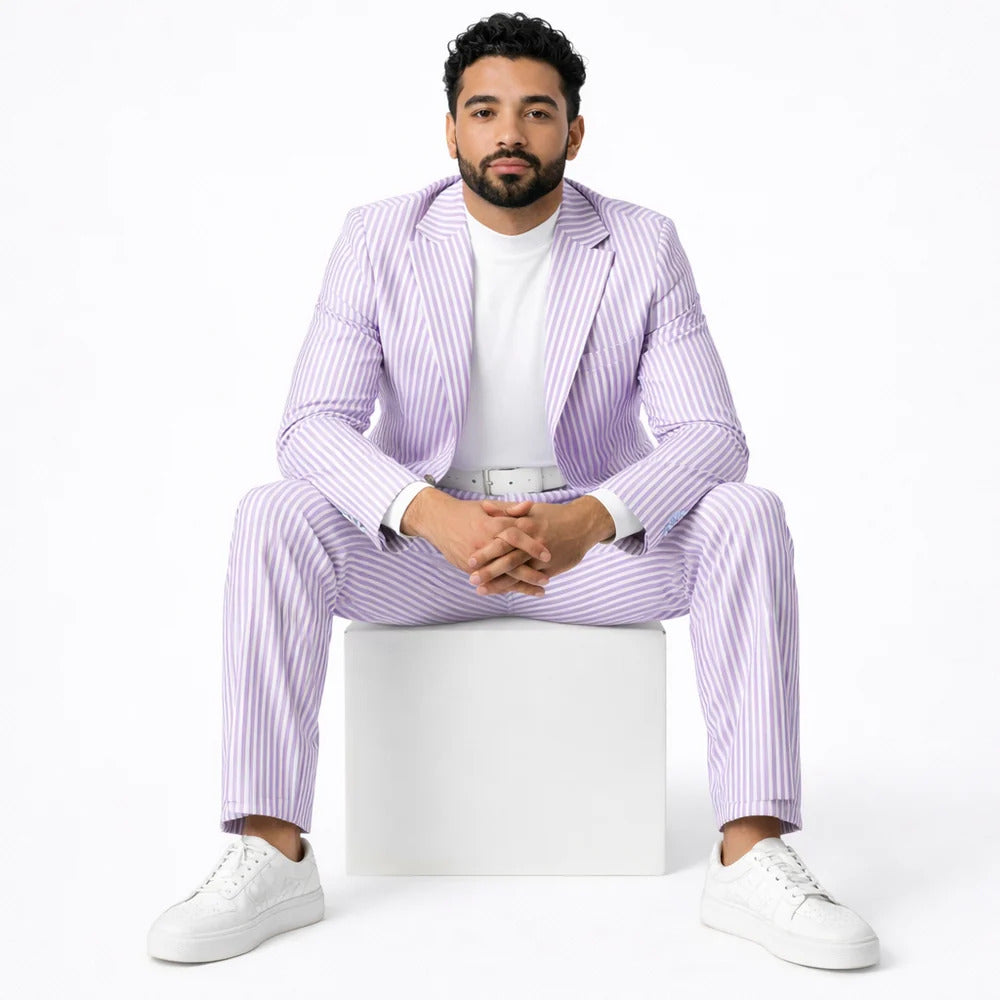 Mens Premium Cotton Seersucker Stripe Suit – Purple