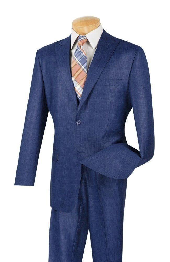 Pompey Collection - Men's Glen Plaid Dress Suit 2 Piece Regular Fit in Blue - Blue