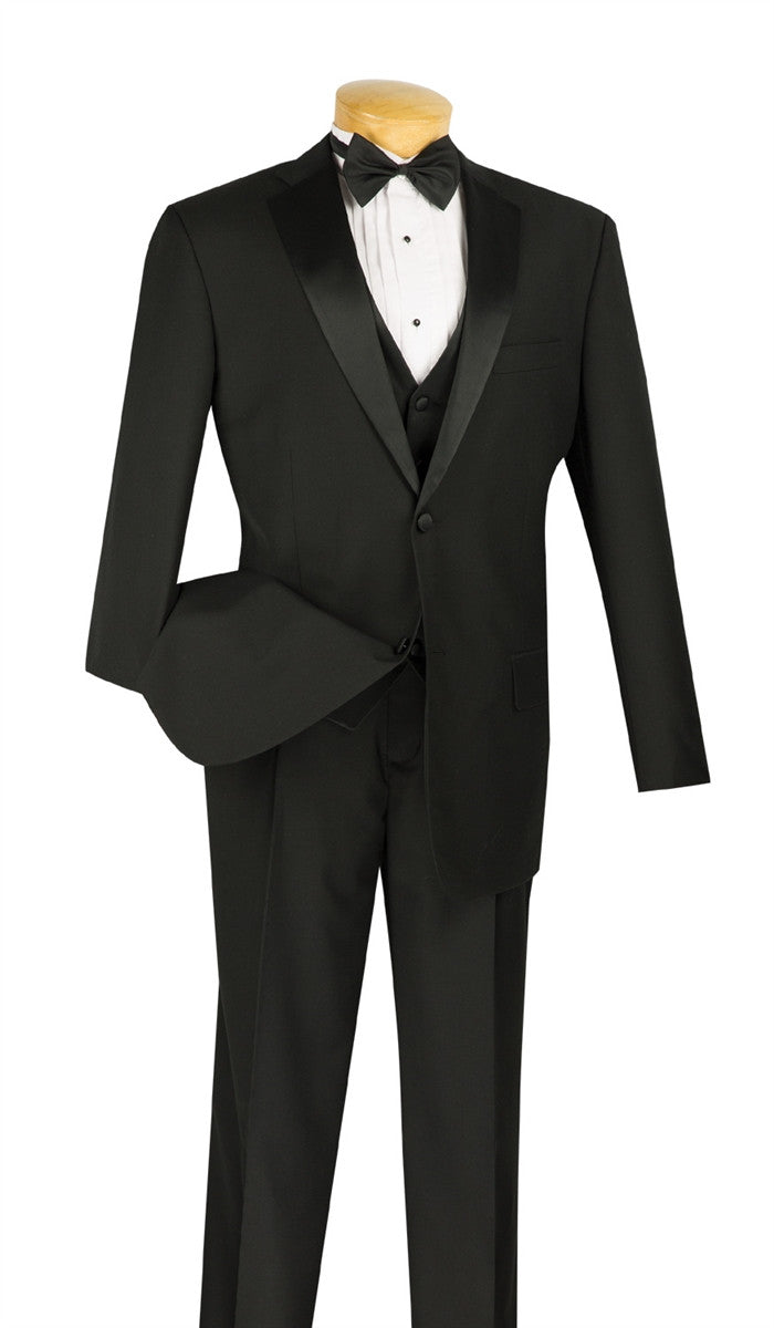 Santorini Collection - Regular Fit Black Tuxedo 4 Piece with Vest Bow Tie Adjustable Waistband - Black