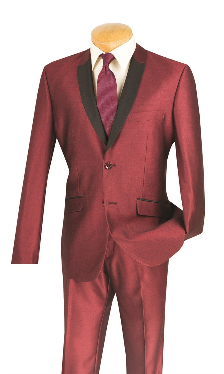 Slim Fit Shiny Sharkskin Men's 2 Piece Suit in Maroon - Maroon