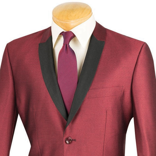 Slim Fit Shiny Sharkskin Men's 2 Piece Suit in Maroon - Maroon
