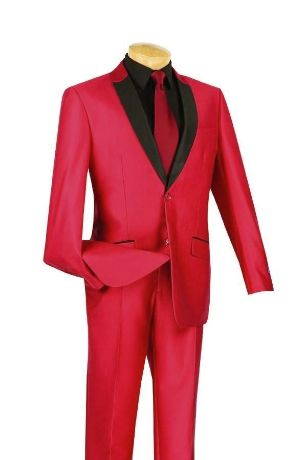Slim Fit  Shiny Sharkskin Men's 2 Piece Suit in Red - Red