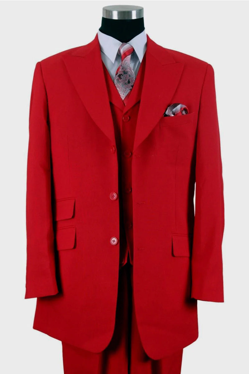 "Red Men's Fashion Suit with 3-Button Vest and Wide Peak Lapel"