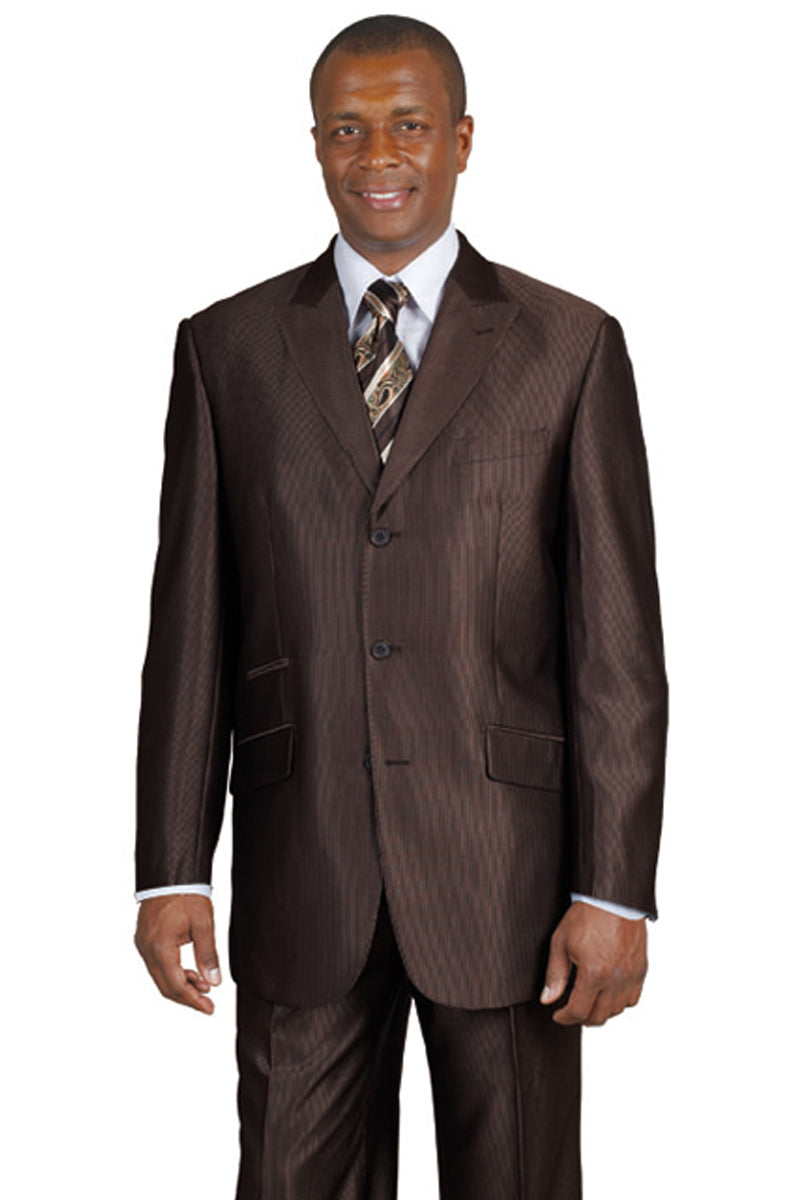 "Sharkskin Micro Pinstripe Suit - Mens Brown 3 Button Peak Lapel"