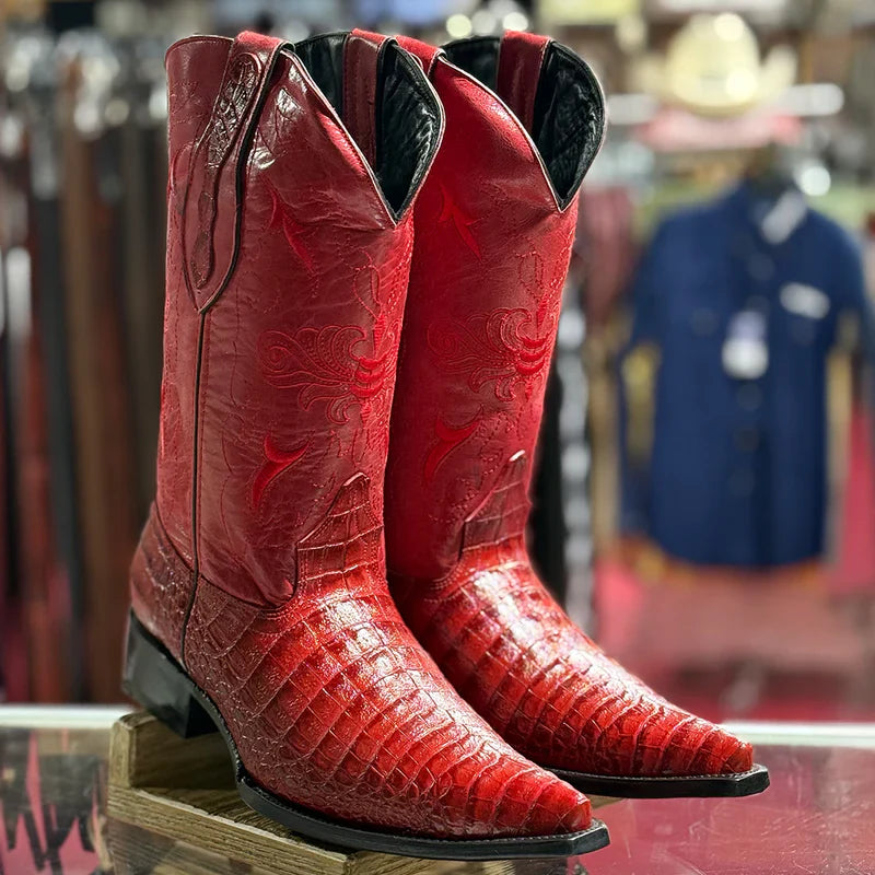 Mens White Diamond Boot Red Caiman Belly Cowboy Boots Pointed Toe - 6