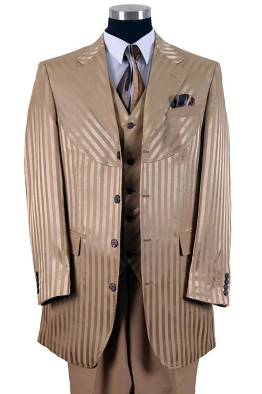 "Gold Men's Fashion Suit - 4 Button, Semi Wide Leg, Shiny Tonal Stripe"