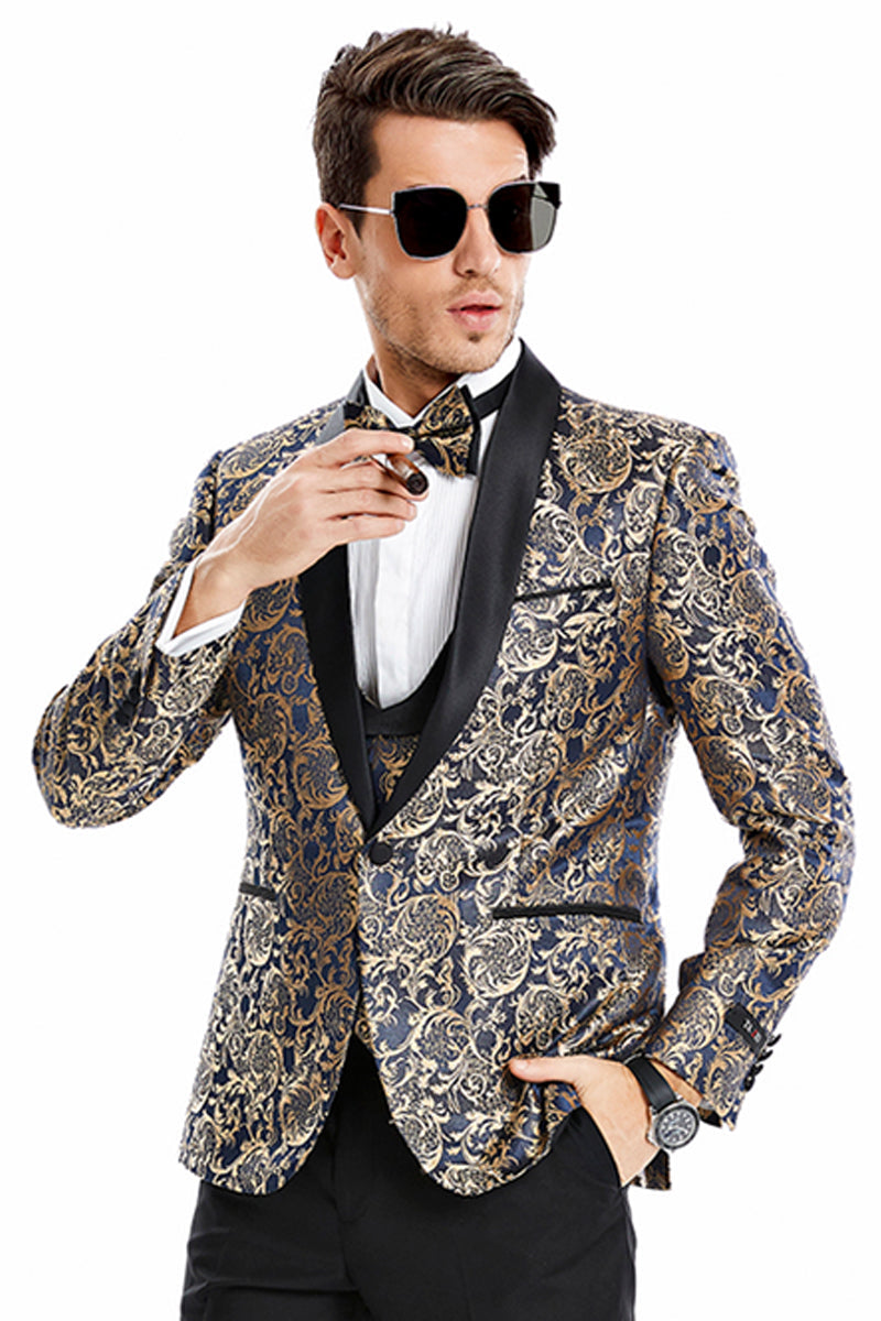 "Men's Navy Blue & Gold Paisley Shawl Tuxedo - One Button Vested Prom & Wedding Suit"