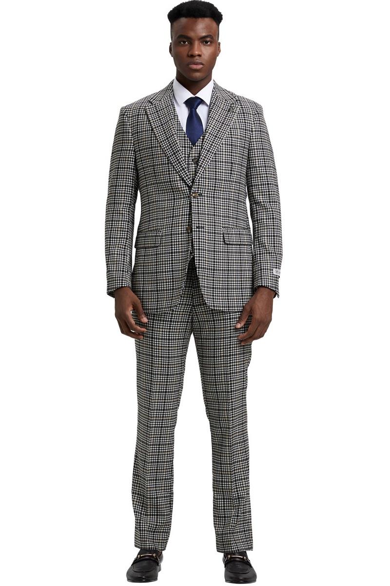 Men's Stacy Adams Vested Modern Fit Houndstooth Glen Plaid Suit in Grey & Green - 38 Regular