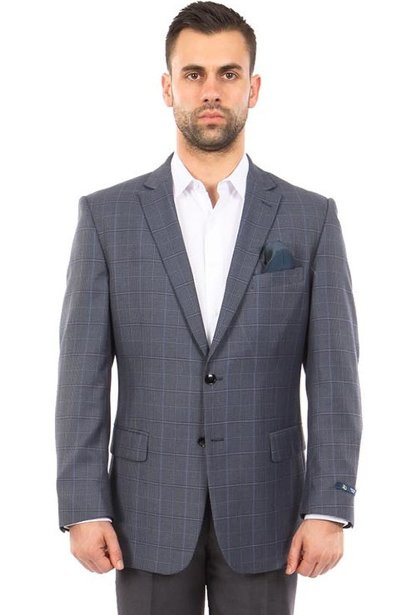 "Blue Grey Windowpane Plaid Men's Sport Coat - Two Button Style" - 34 Short