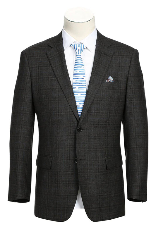 "Classic Fit Wool Sport Coat - Men's Two Button Blazer, Dark Brown Windowpane Plaid"