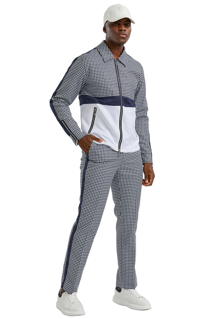 Houndstooth Men's Casual Walking Jacket & Pant Set in Navy Blue