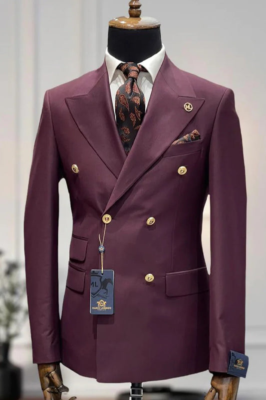 Best Mens Designer Modern Fit Double Breasted Wool Suit with Gold Buttons in Maroon- For Men  Fashion Perfect For Wedding or Prom 2025 or Business  or Church