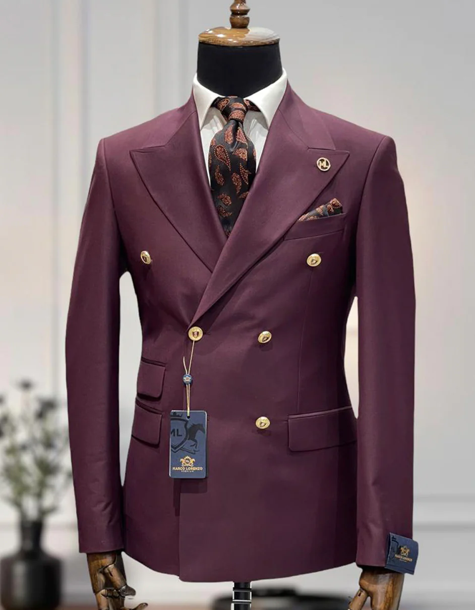 Best Mens Designer Modern Fit Double Breasted Wool Suit with Gold Buttons in Maroon- For Men  Fashion Perfect For Wedding or Prom or Business  or Church