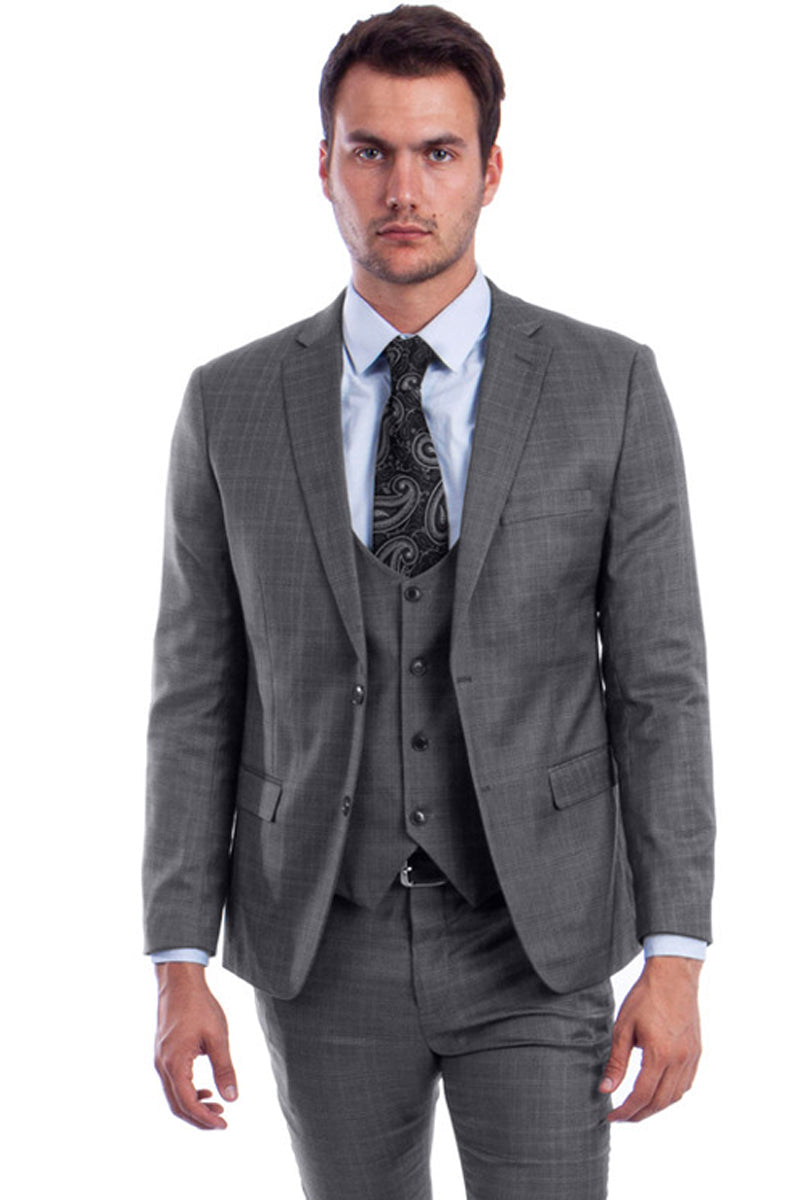 "Grey Plaid Skinny Fit Men's Suit with Two-Button Vest - Low Cut" - 46 Short