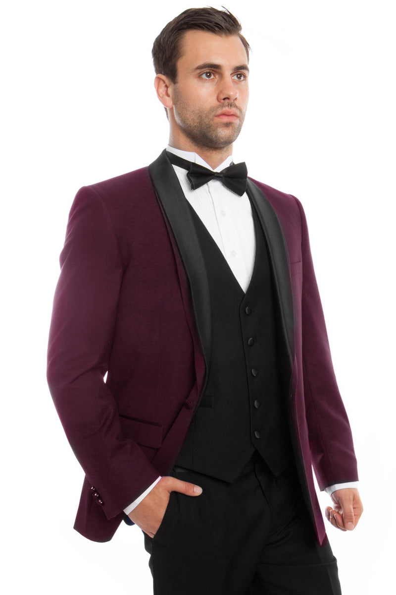 "Burgundy Men's Tuxedo with Satin Trimmed Shawl Lapel - One Button Vested"