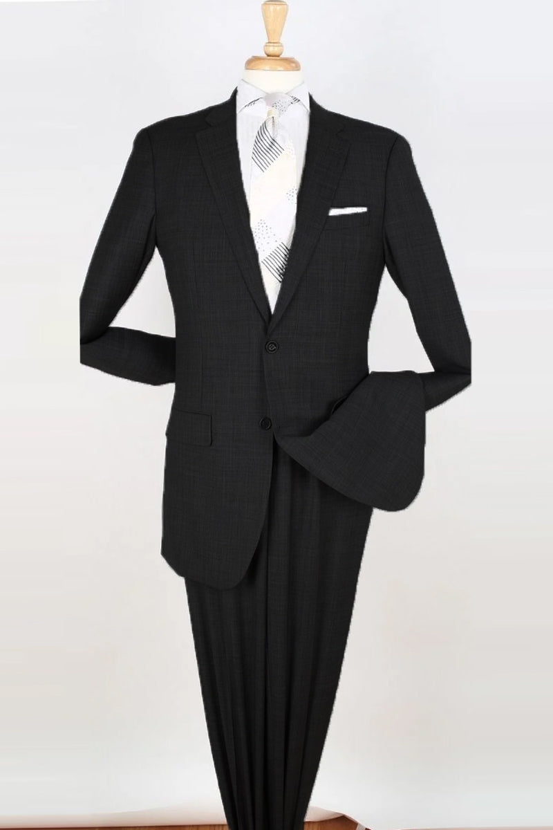 "Black Modern Fit Suit for Tall Men - 100% Wool Two-Button Design"