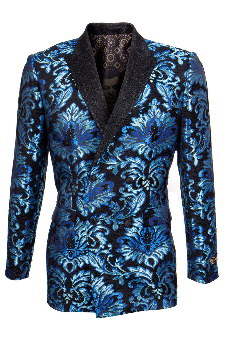 "Turquoise Floral Brocade Men's Double Breasted Tuxedo Jacket" - X-Small
